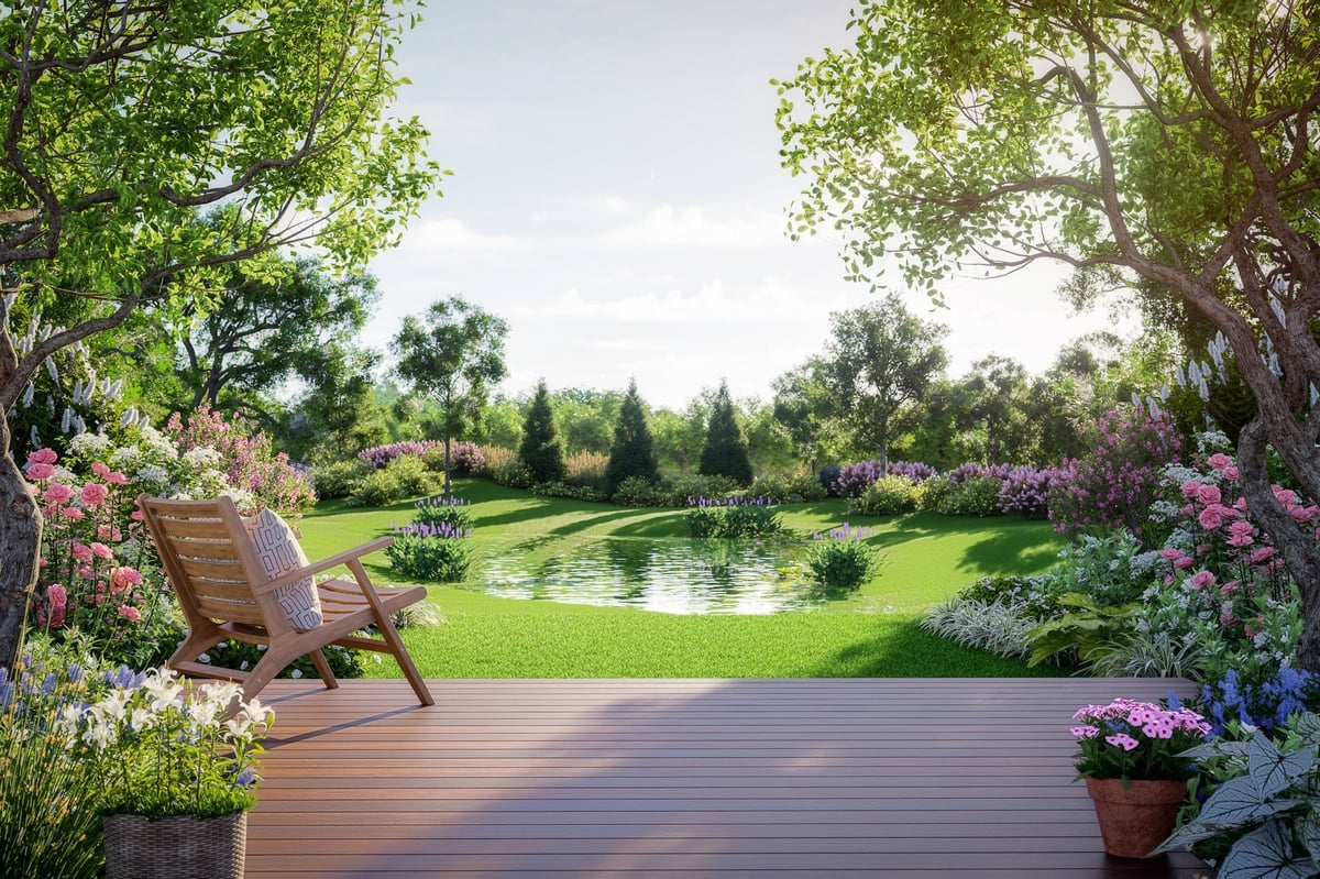 Peaceful garden with wooden deck and plants
