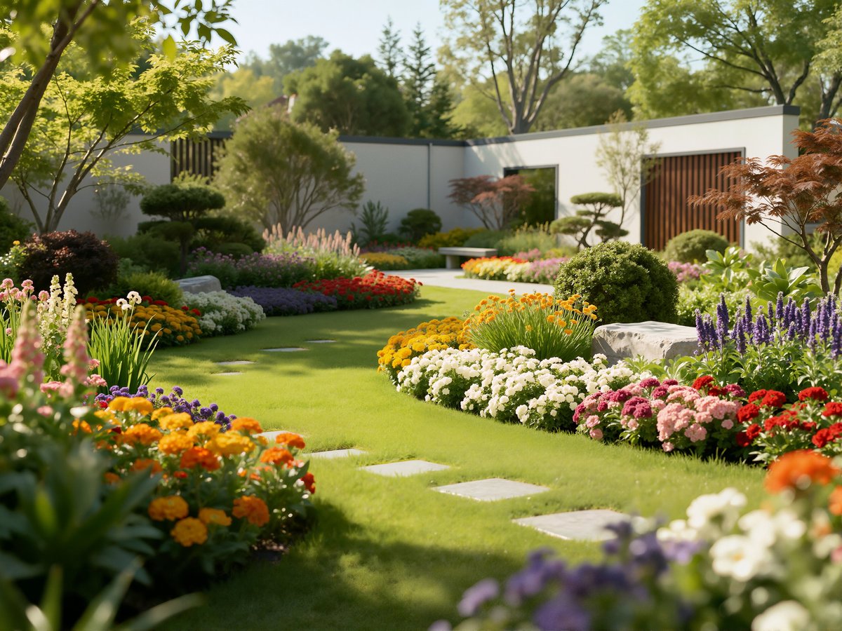 Modern garden with stepping stones and lawn