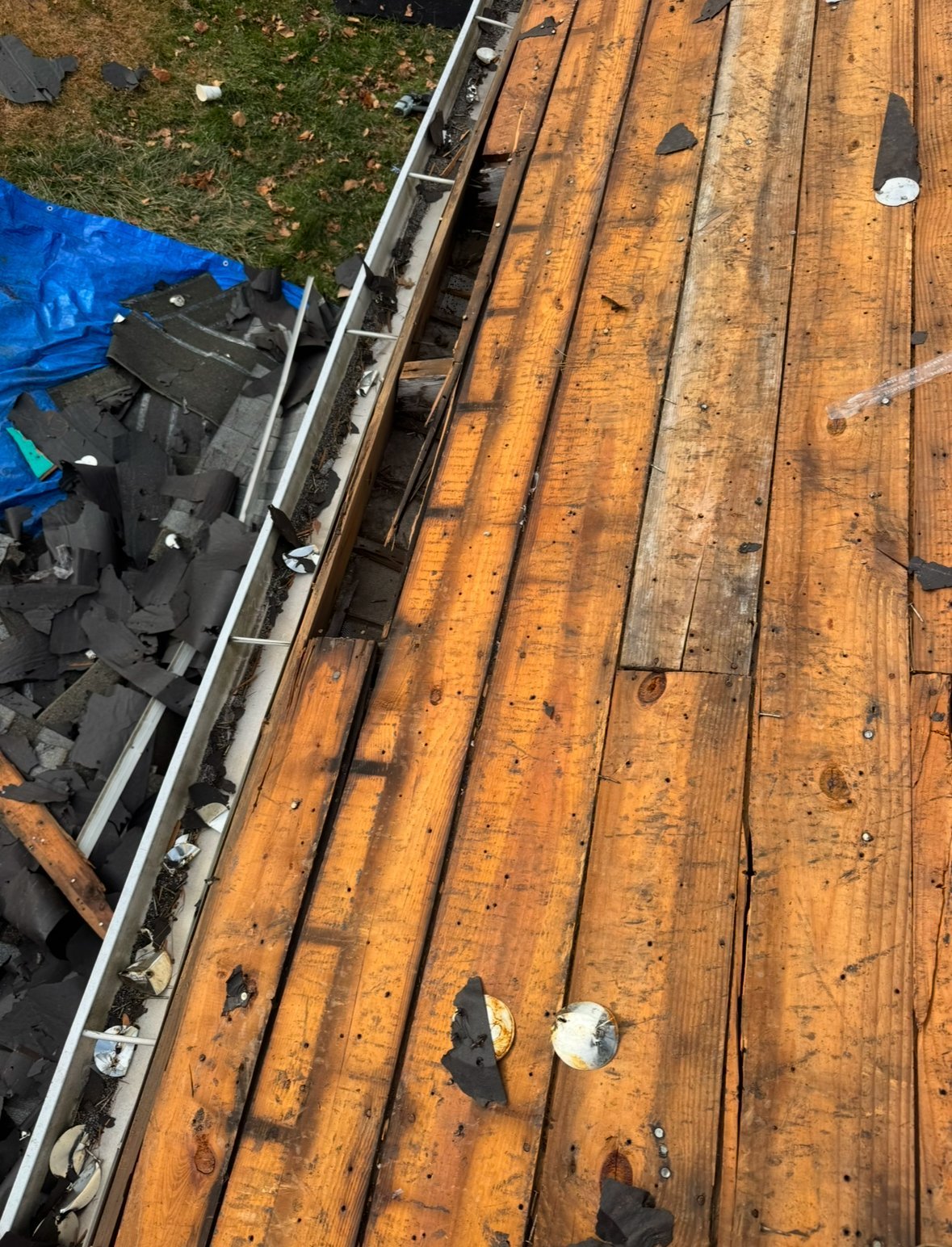 Weathered wooden deck boards with metal gutter and dark debris alongside blue tarp in corner