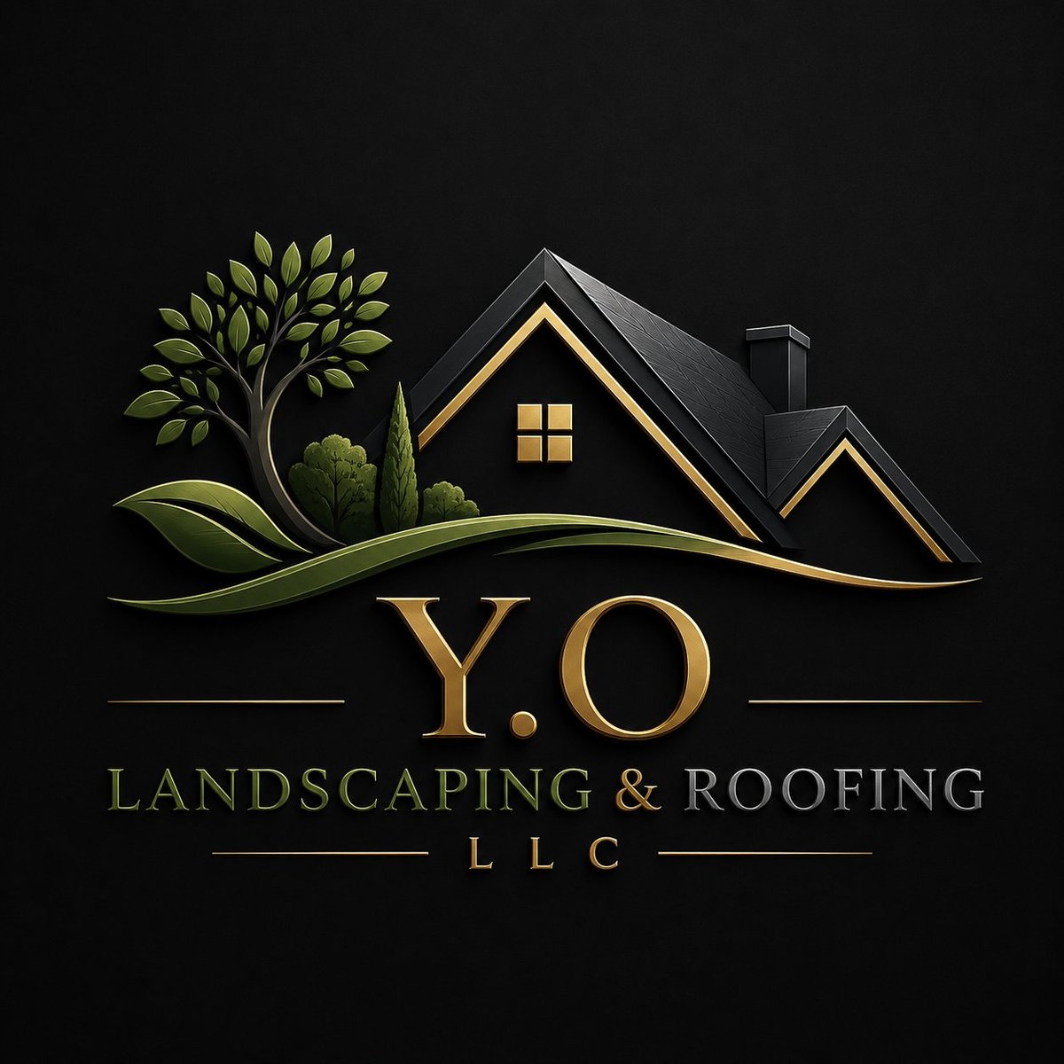 Y.O Landscaping & Roofing LLC logo featuring a house with golden trim, tree, and landscape on black background