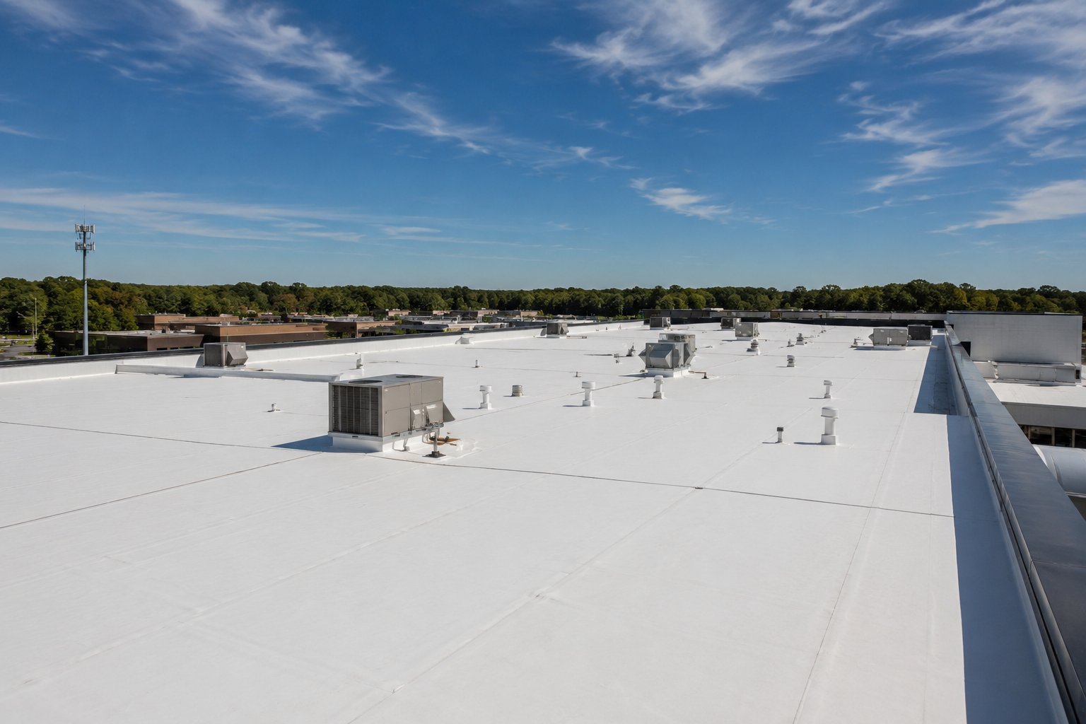 Flat commercial roof with white membrane, HVAC units, and trees visible against blue sky with clouds