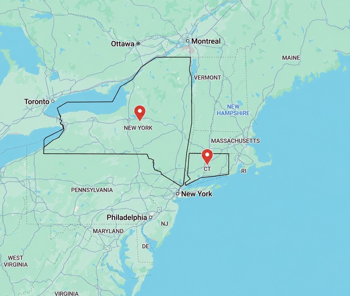 Map of northeastern North America showing cities Toronto, Montreal, Ottawa, and New York with route lines connecting them