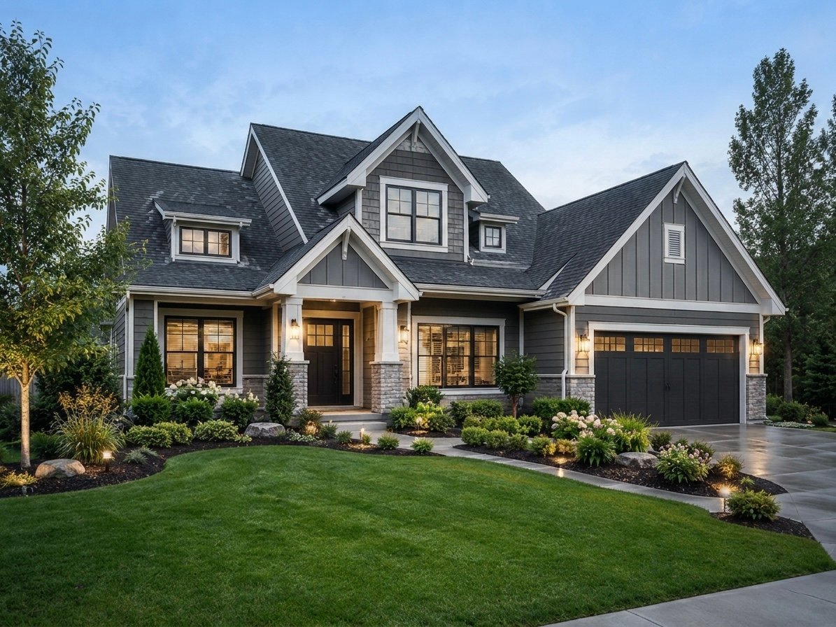 Modern two-story house with dark roof, stone and siding exterior, black garage, manicured lawn and landscaping