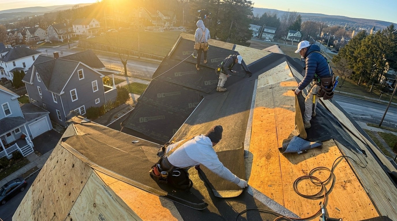 Roofers installing yellow underlayment on residential roof during daytime, with suburban neighborhood visible in background