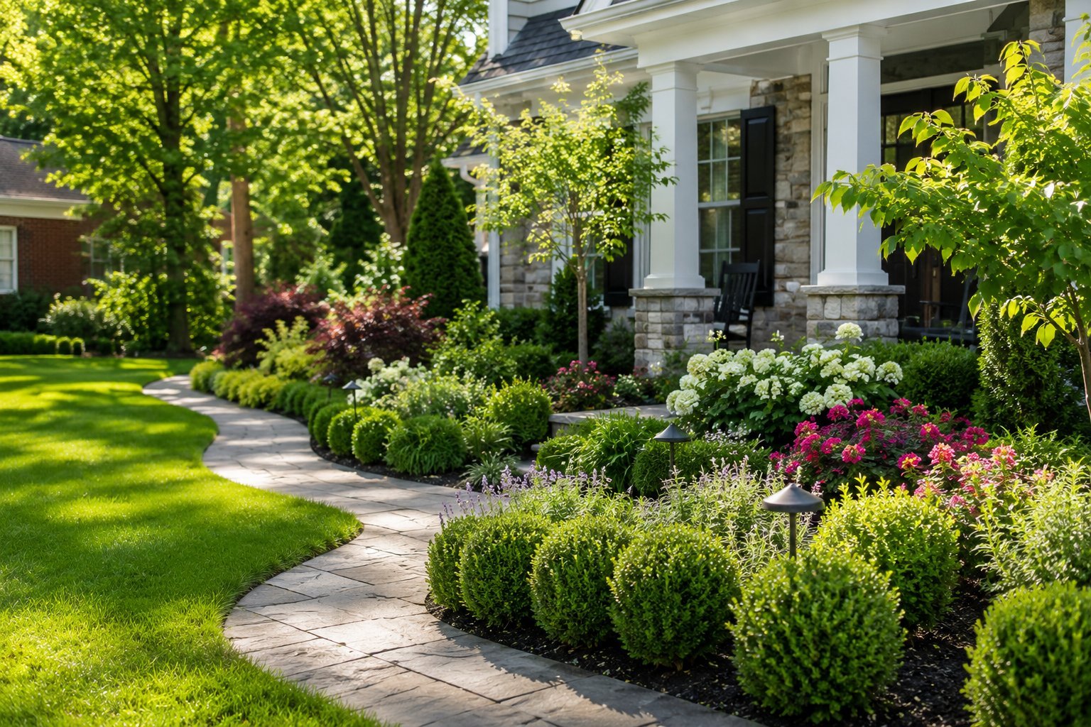 Manicured residential front yard with stone pathway, blooming pink flowers, green shrubs, and white columned porch of a brick home