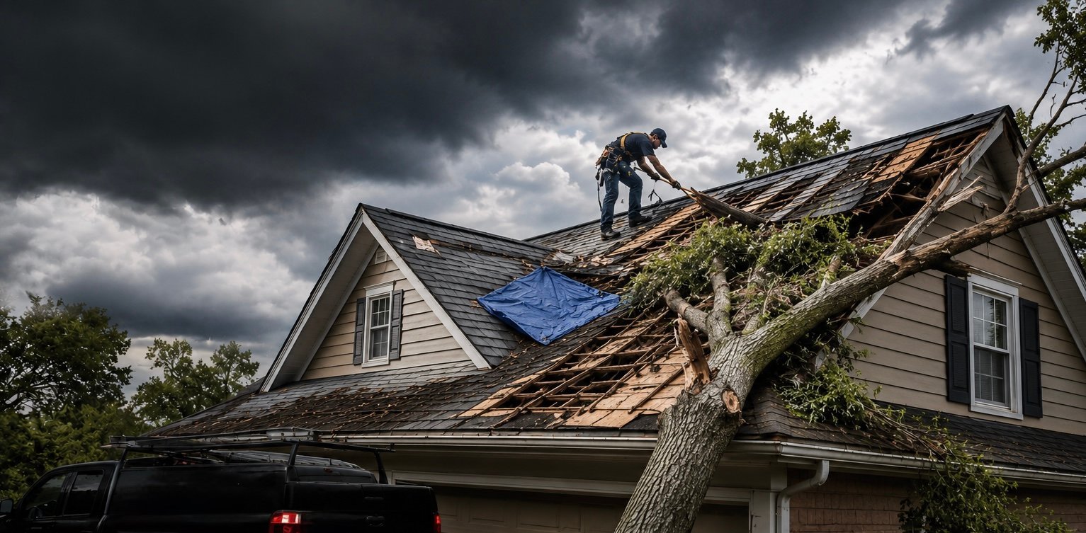 Roofer working on damaged residential roof with blue tarp covering hole, fallen tree limb visible, stormy sky overhead