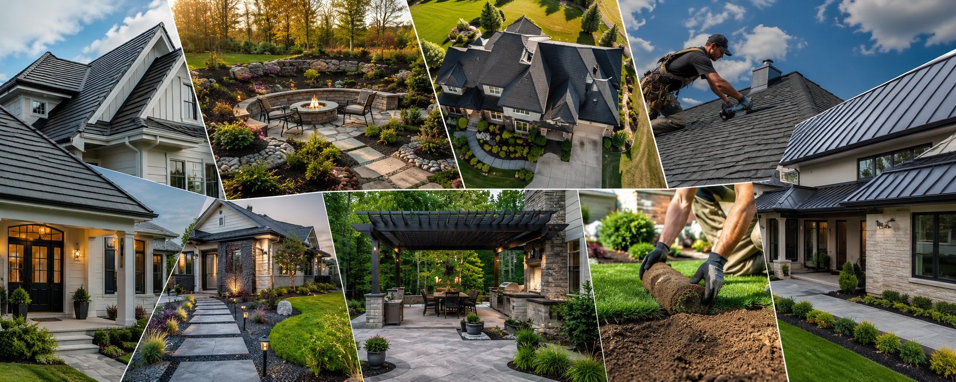 Collage of modern homes with landscaping, patios, and outdoor living spaces showcasing residential design and garden features