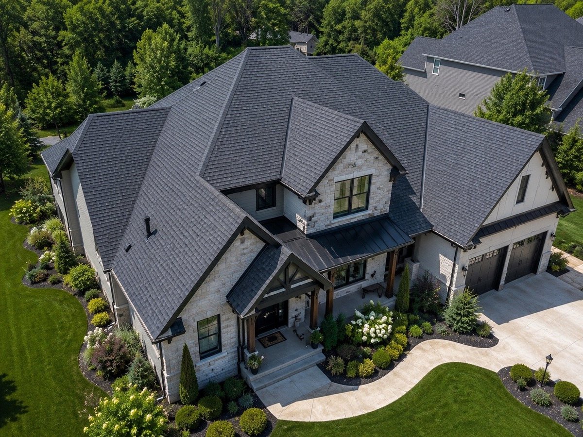 Aerial view of a large two-story house with gray shingled roof, white and dark exterior, surrounded by green lawn and mature trees